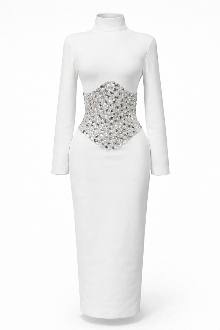 long sleeve high-neck maxi dress with crystal waist embellishment – CRYSTAL