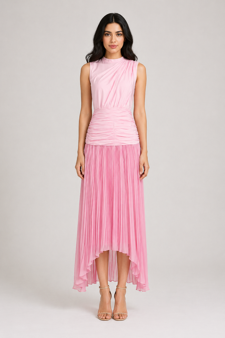 Blush Pink Pleated Asymmetric Maxi Dress - LUMINA