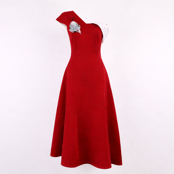 one shoulder satin midi dress with floral detail – SCARLET