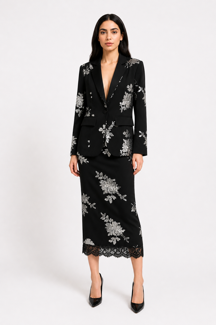 Black Floral Embroidered Blazer & Pencil Skirt Set – NOIRÉA