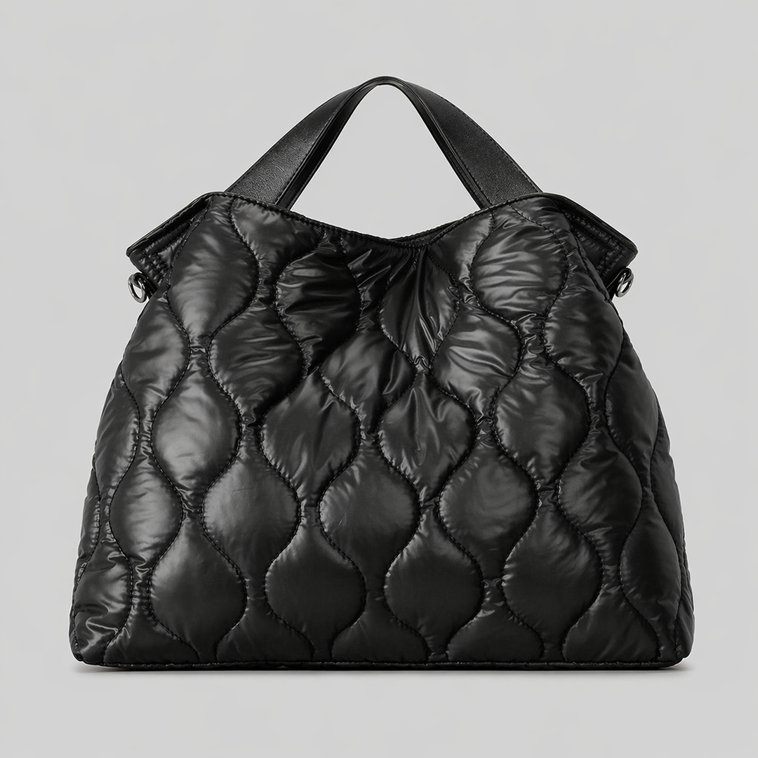 Black Quilted Puffer Shoulder Tote Bag with Top Handle - VARENA