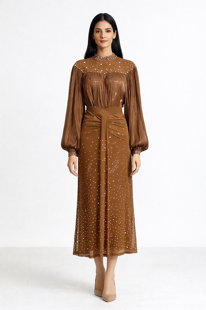 long sleeve midi dress with sheer embellished bodice and draped waist – SIENNA