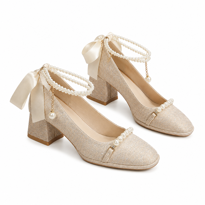 Ivory Pearl Bow Block Heel Pumps – CELÉNIA