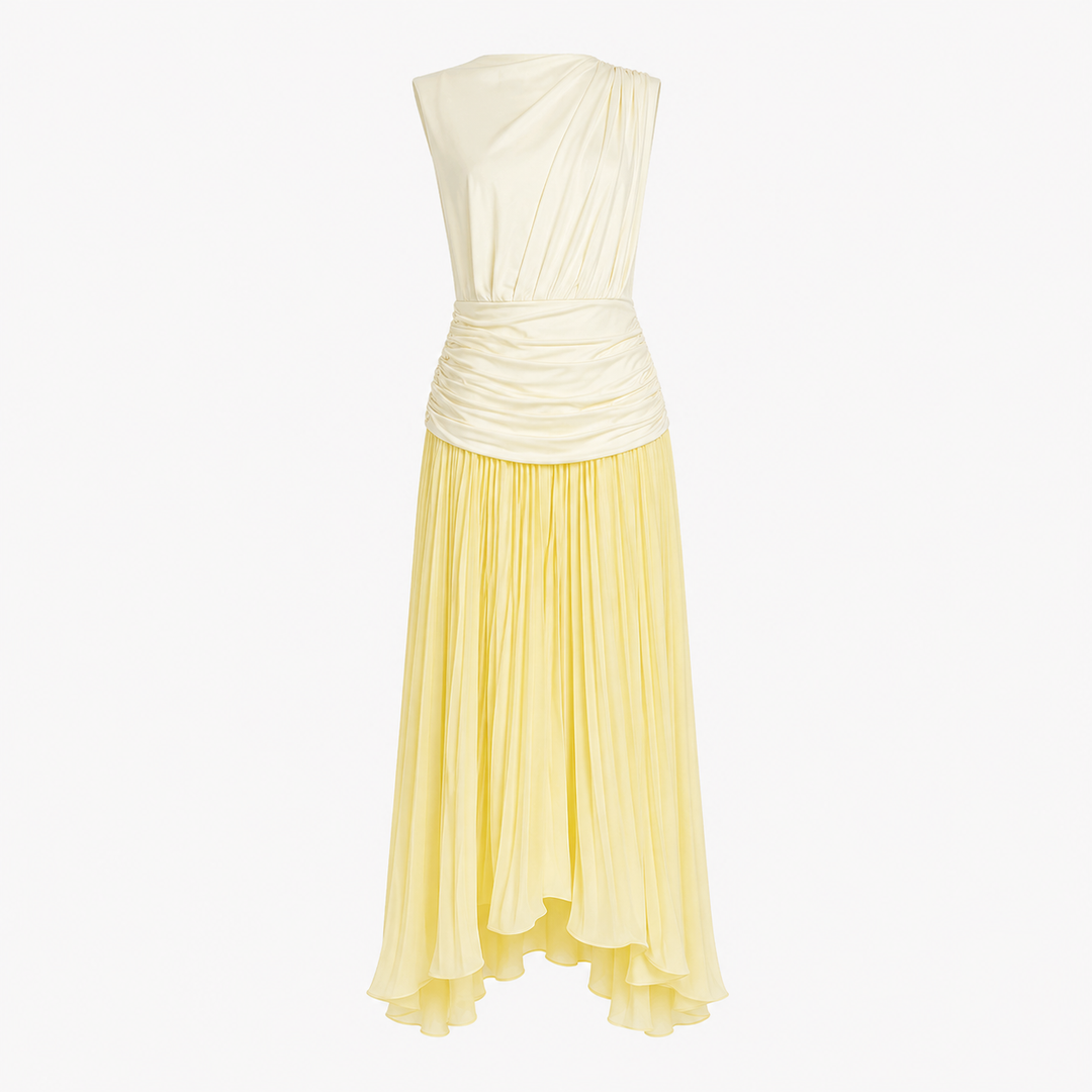 Blush Pink Pleated Asymmetric Maxi Dress - LUMINA