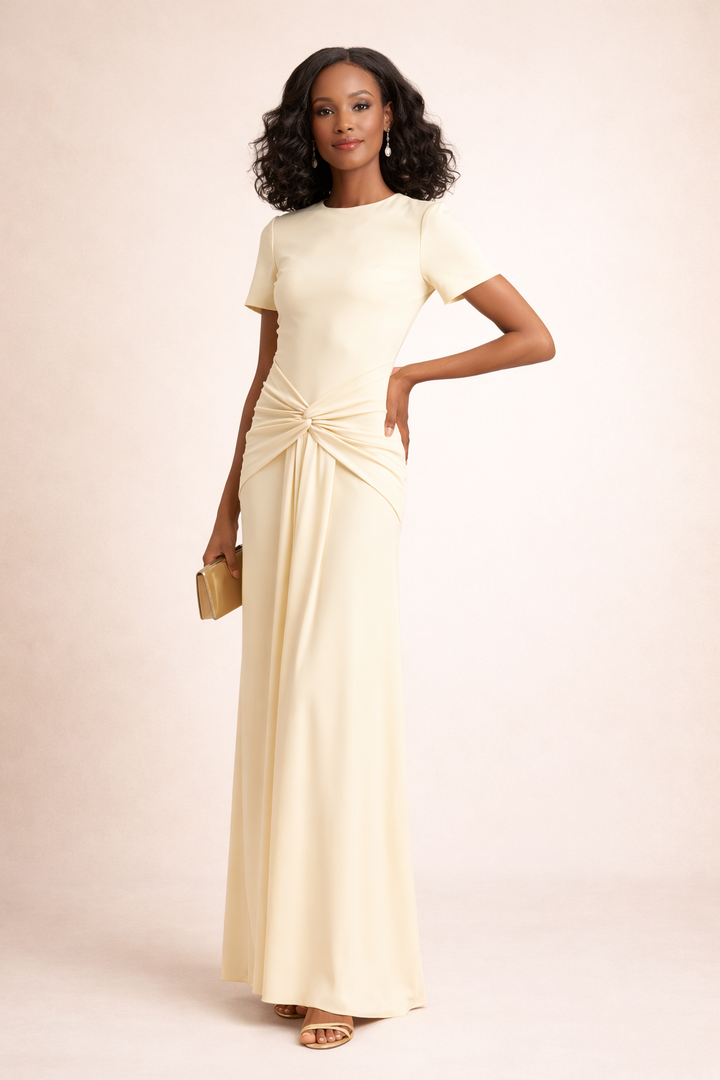short-sleeve draped column dress with twisted waist detail – HMADA