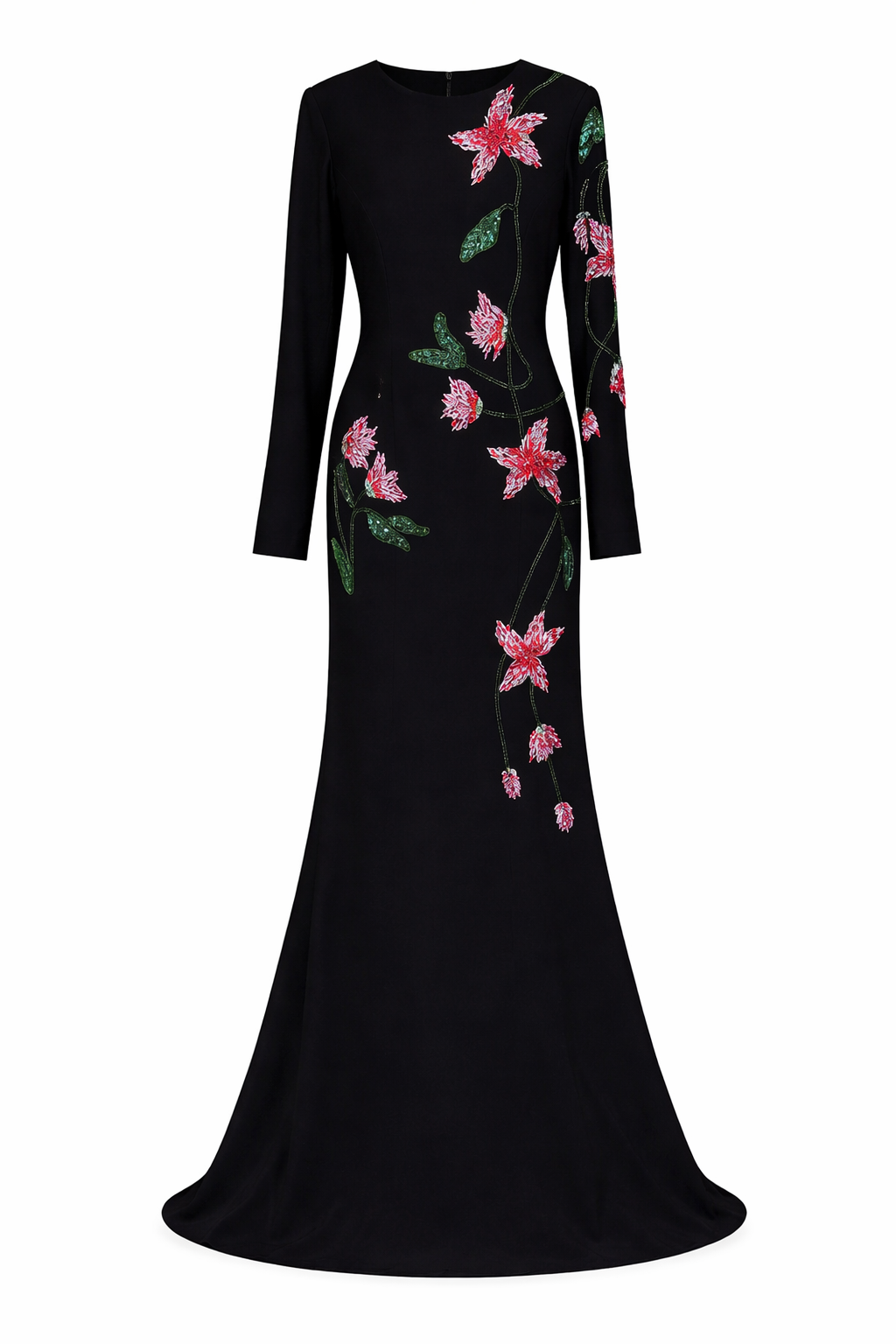 long sleeve column maxi dress with floral embroidery – BLOSSOM