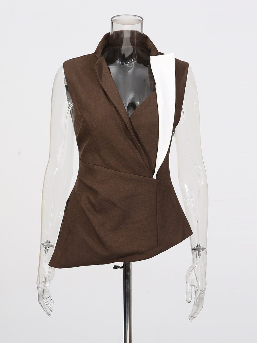sleeveless asymmetric blazer vest with contrast lapel – BRUNÉ