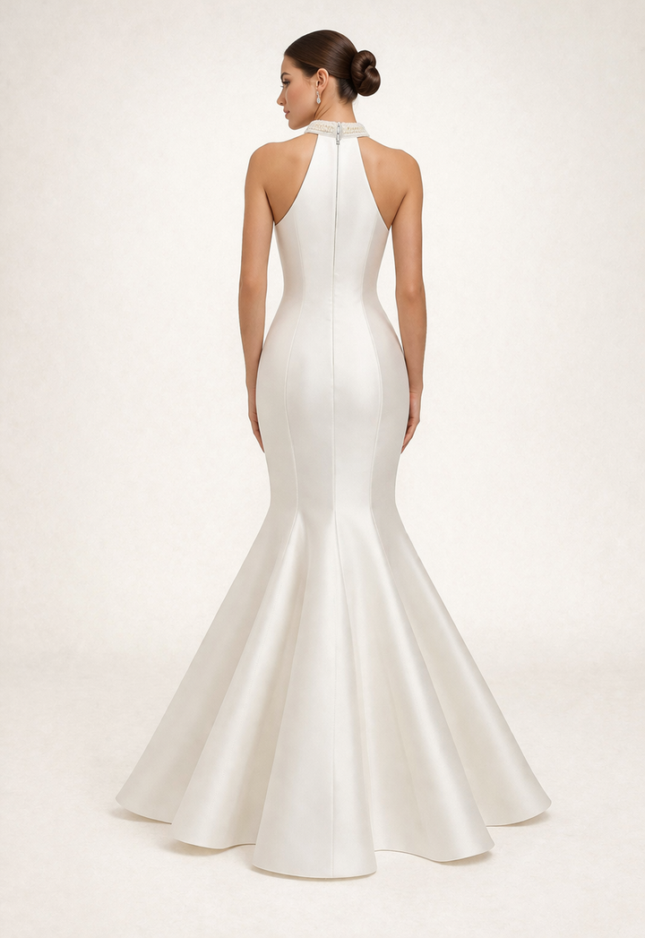 halter mermaid gown with draped beaded detailing – NOCTARA