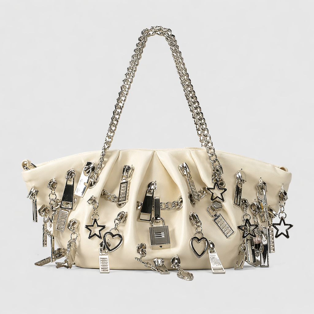 ruched shoulder bag with charm embellishments – CHARM