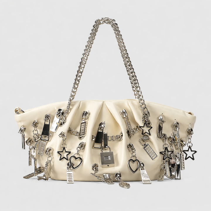 ruched shoulder bag with charm embellishments – CHARM