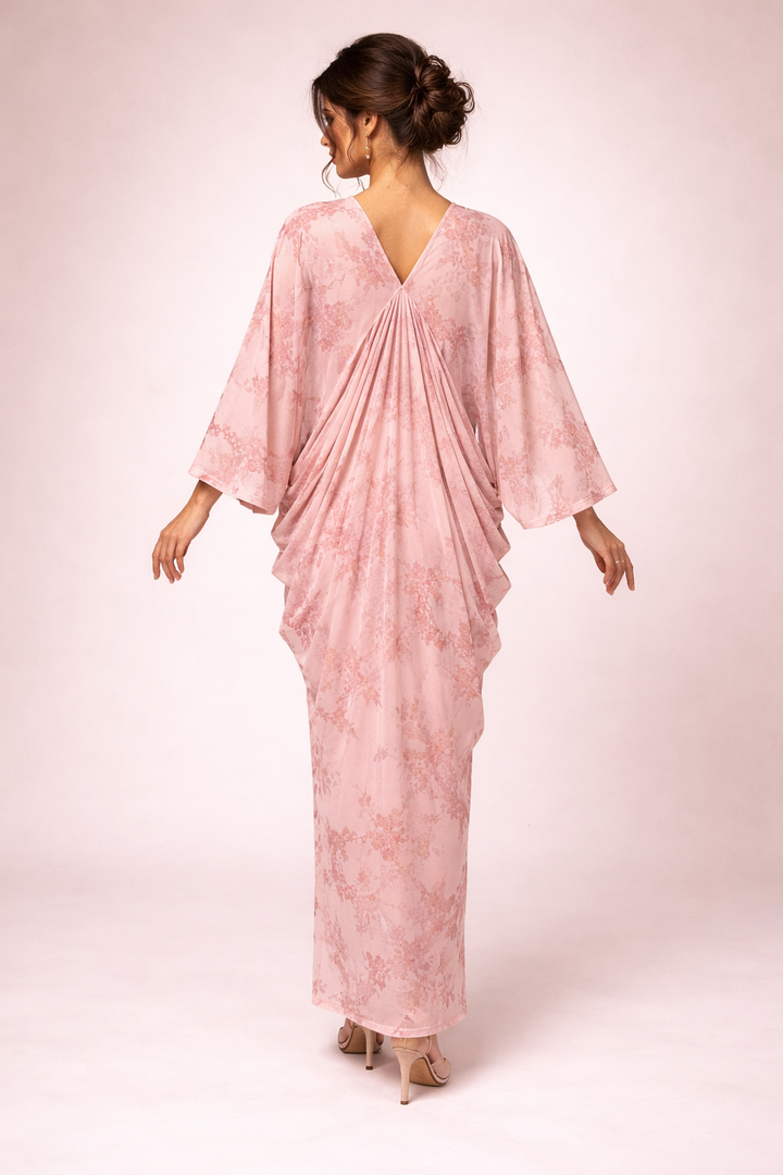 draped batwing sleeve midi dress with floral mesh overlay – MIST