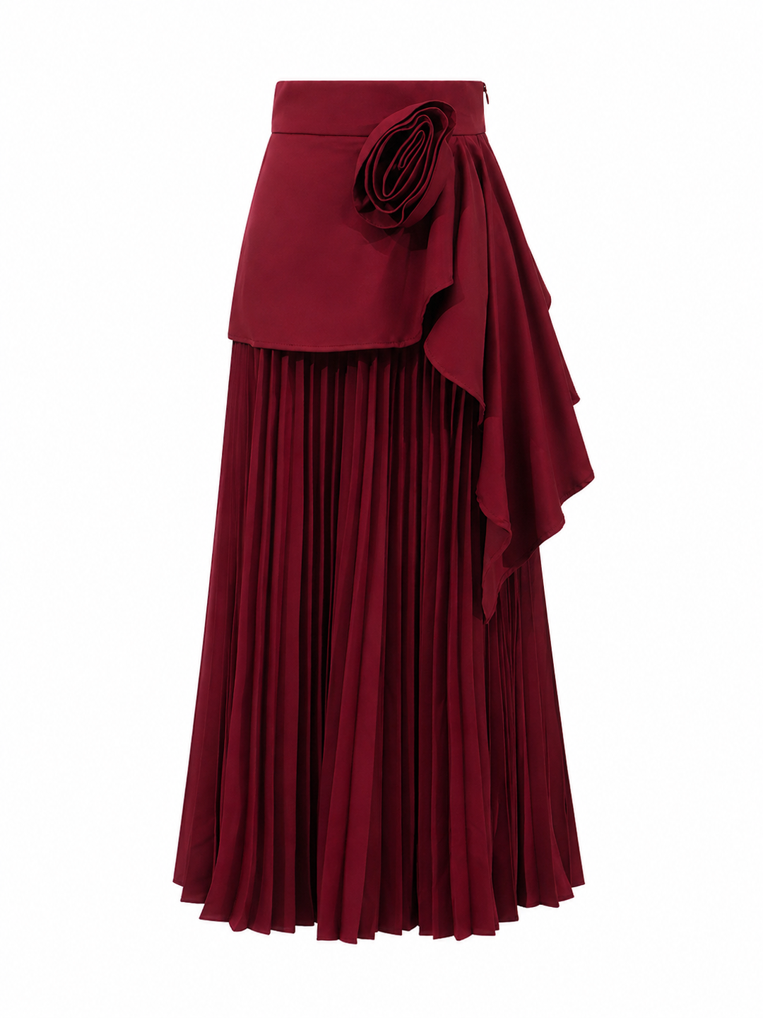 Burgundy Pleated Midi Skirt with Floral Draped Detail – ROSÉVA