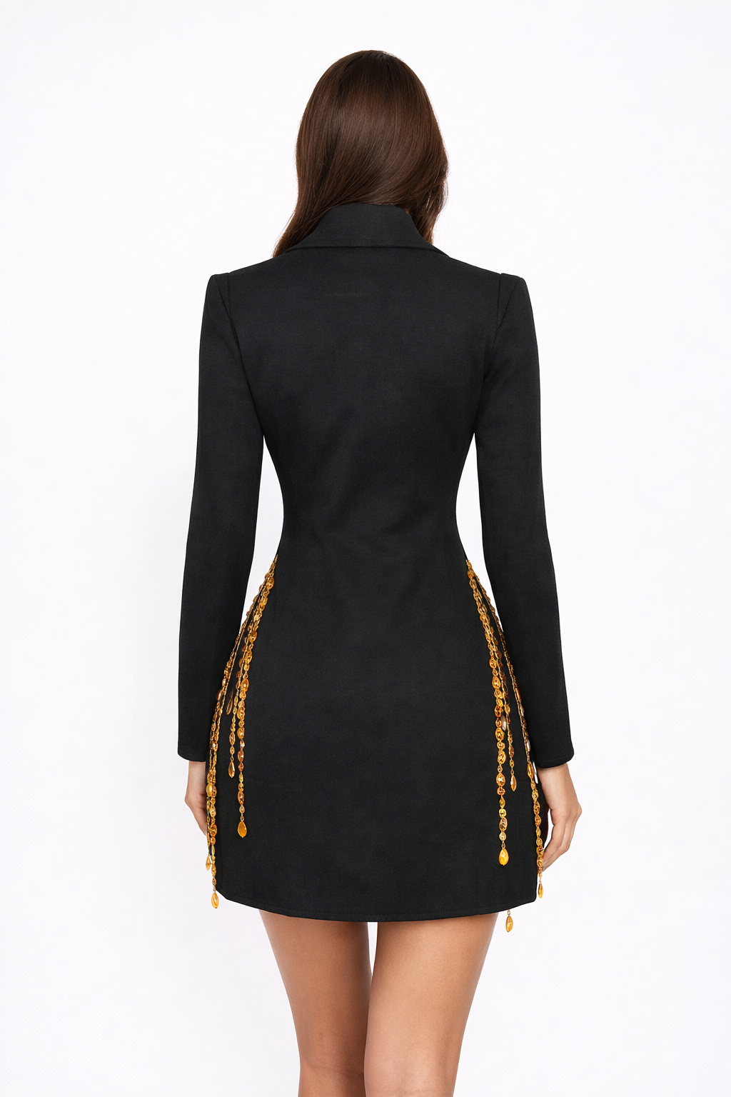 embellished blazer mini dress with crystal drape – SYFAN