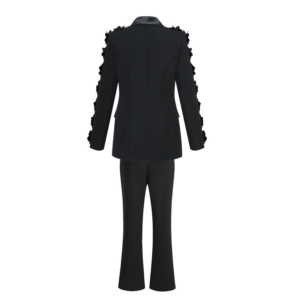 tailored blazer with floral sleeve detailing and flared pants set – NOIR