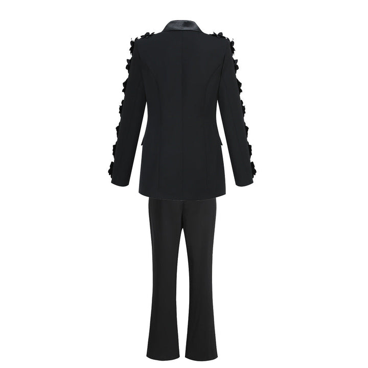 tailored blazer with floral sleeve detailing and flared pants set – NOIR