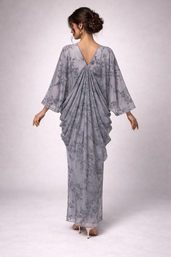 draped batwing sleeve midi dress with floral mesh overlay – MIST