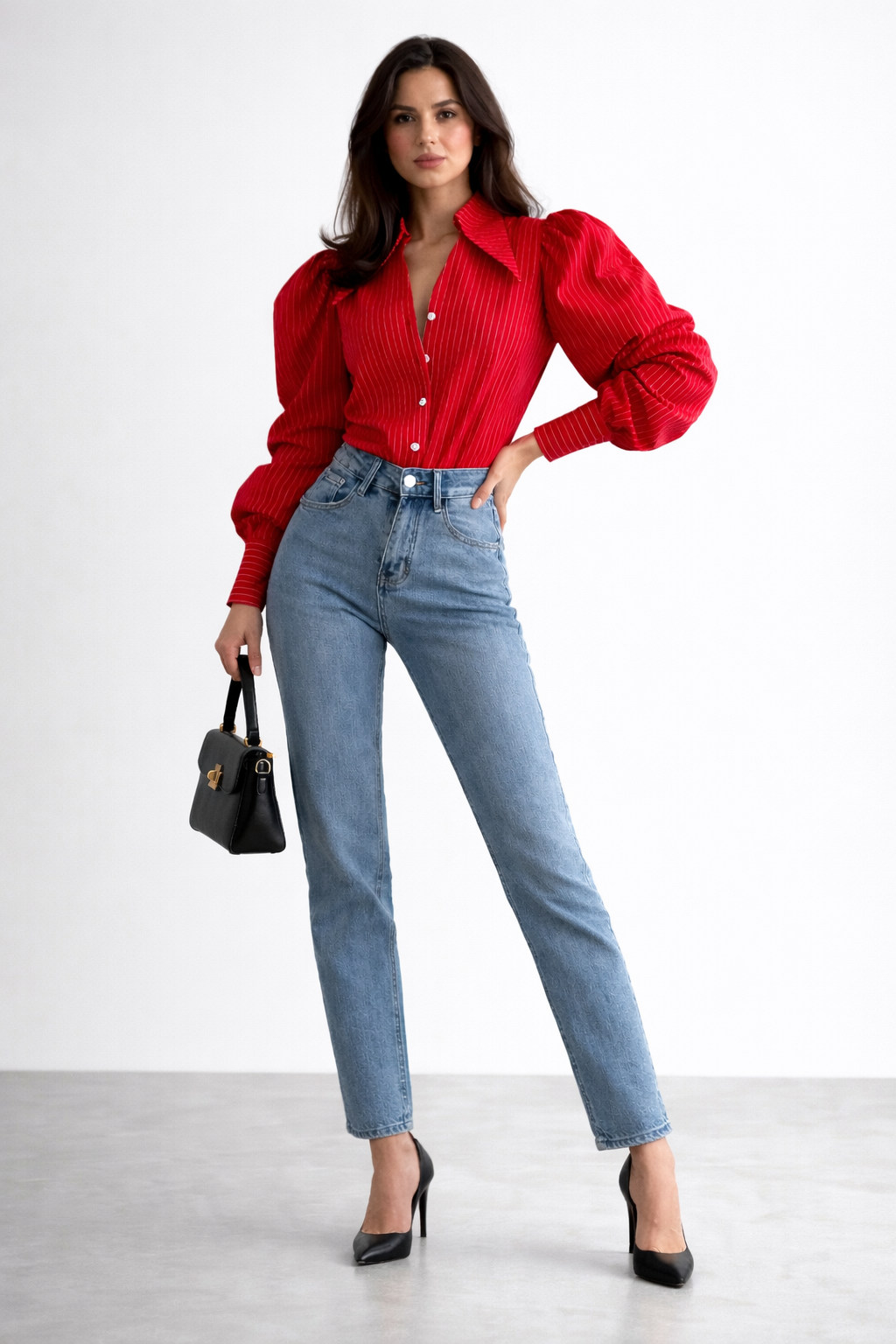 striped button-up blouse with voluminous sleeves – SCARLET