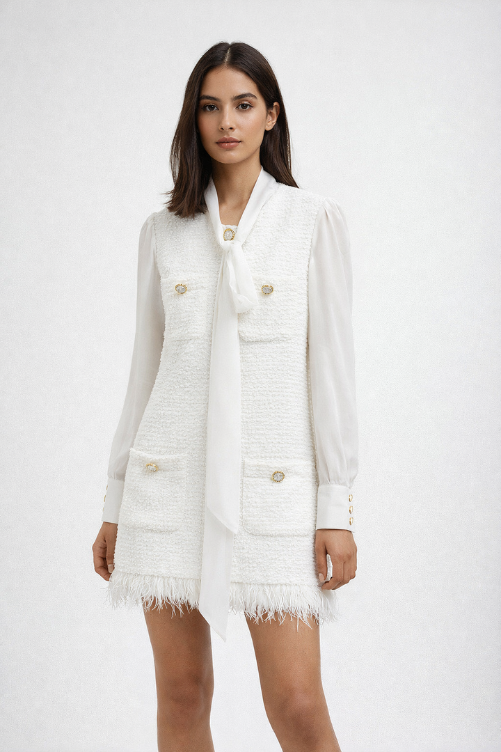 textured sleeveless vest with bow-tie blouse – GRACE