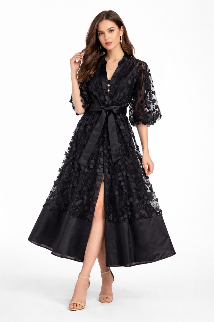 floral lace midi dress with satin hem and waist bow – ODD- BODY