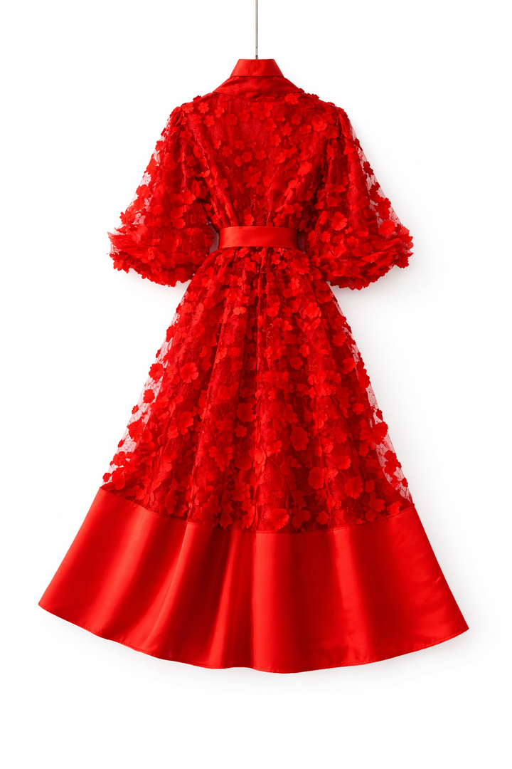 floral lace midi dress with satin hem and waist bow – ODD- BODY
