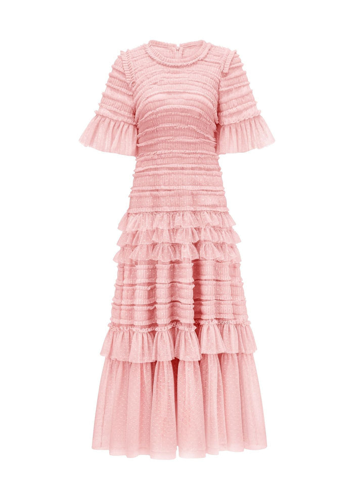 ruffled mesh midi dress with smocked bodice – ROSE