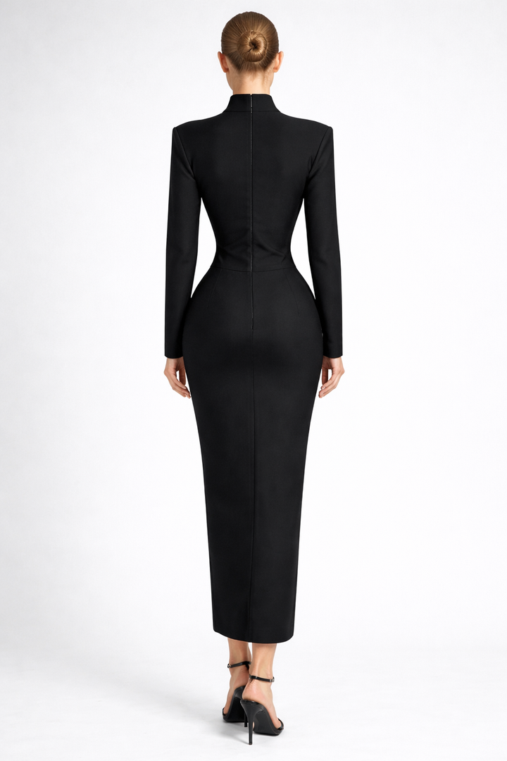 long sleeve high-neck maxi dress with crystal waist embellishment – CRYSTAL