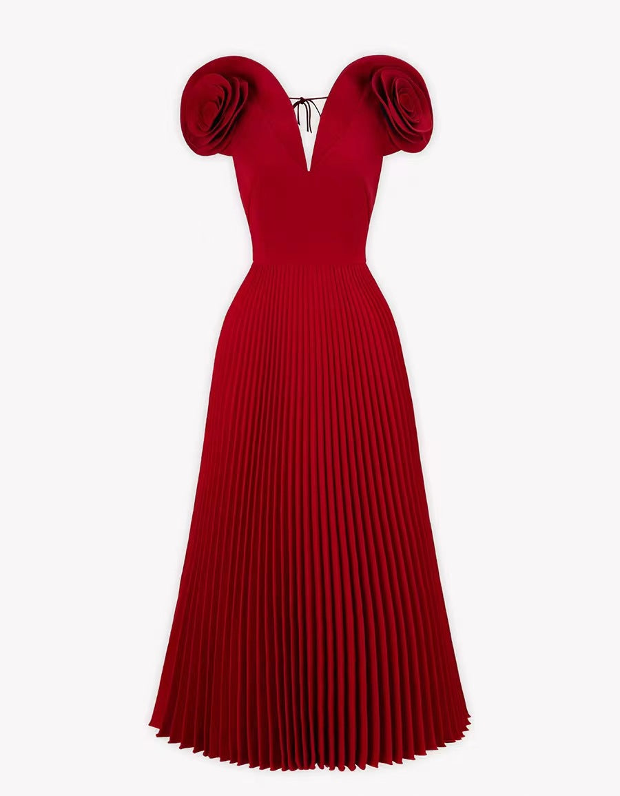 cap sleeve pleated maxi dress with floral shoulder details – NUDE