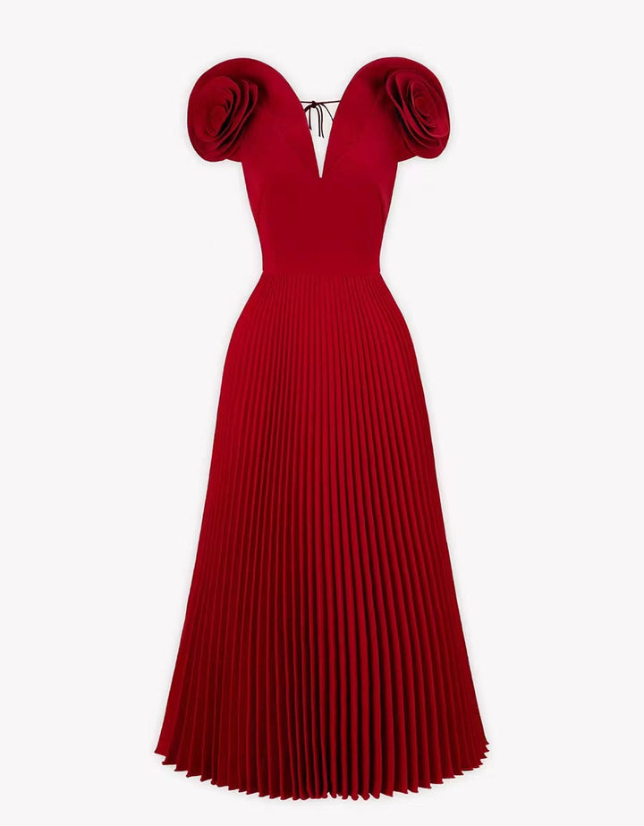 cap sleeve pleated maxi dress with floral shoulder details – NUDE