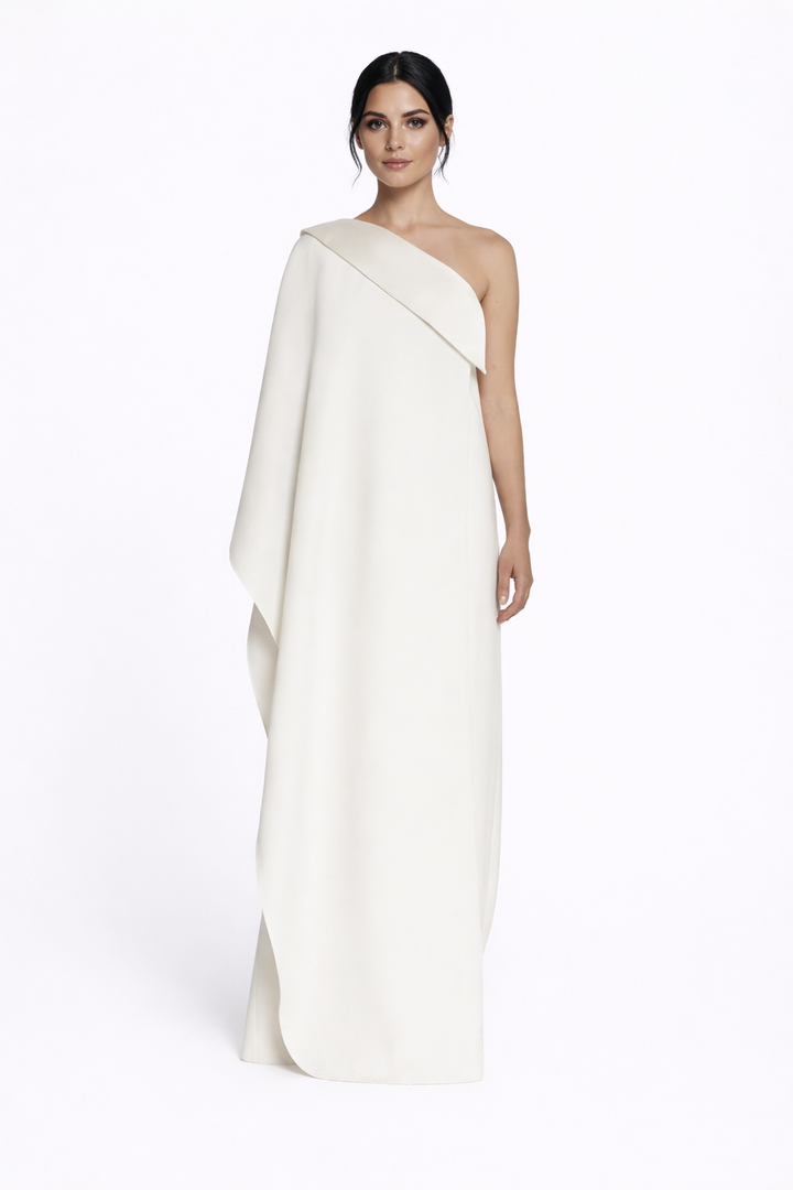 one-shoulder draped cape gown – sendepa