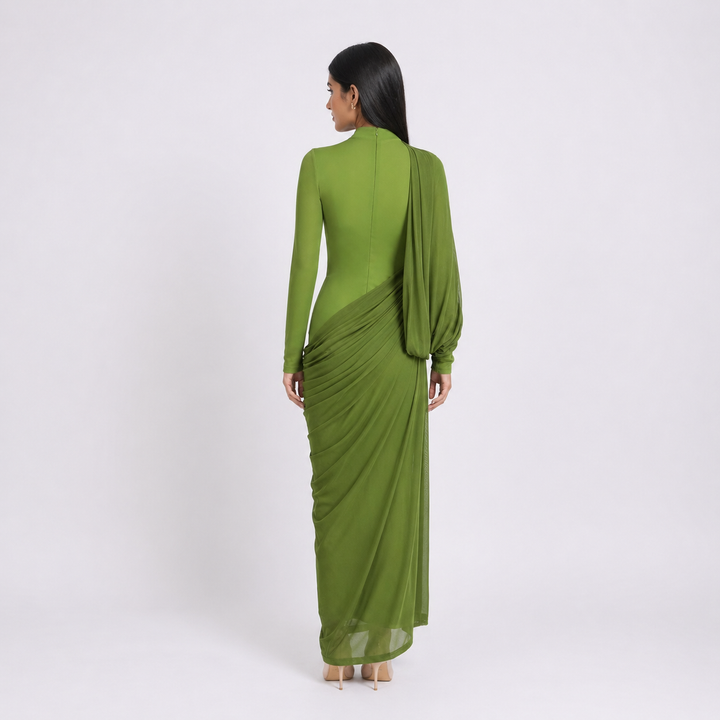 Olive Green Draped Asymmetric Midi Dress - VERDÉA
