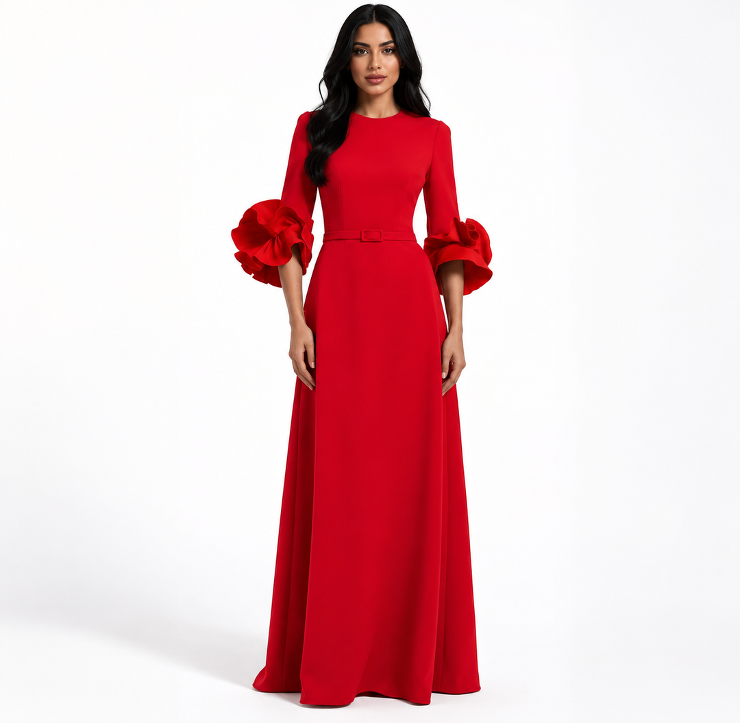 belted maxi dress with organza ruffle cuffs – NAVELLA