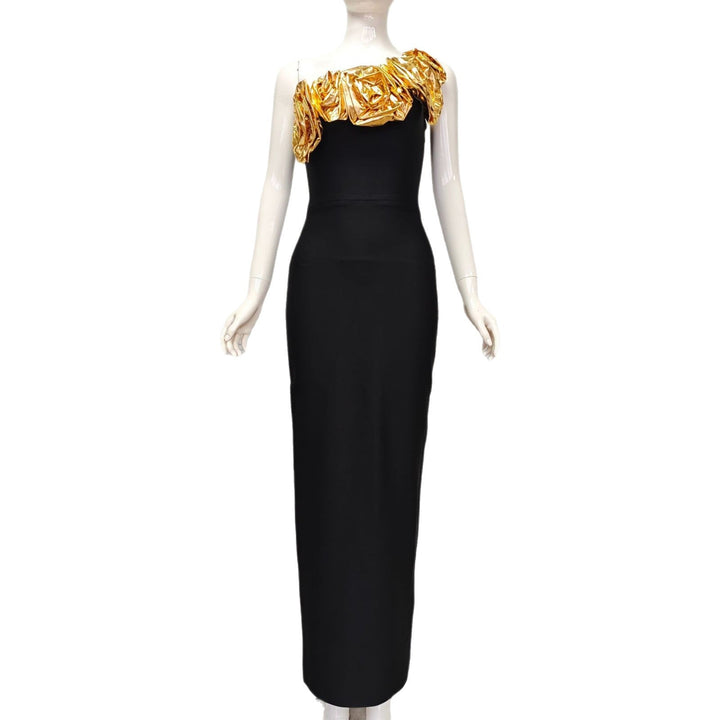 one-shoulder column dress with metallic ruffle neckline – AURELIA