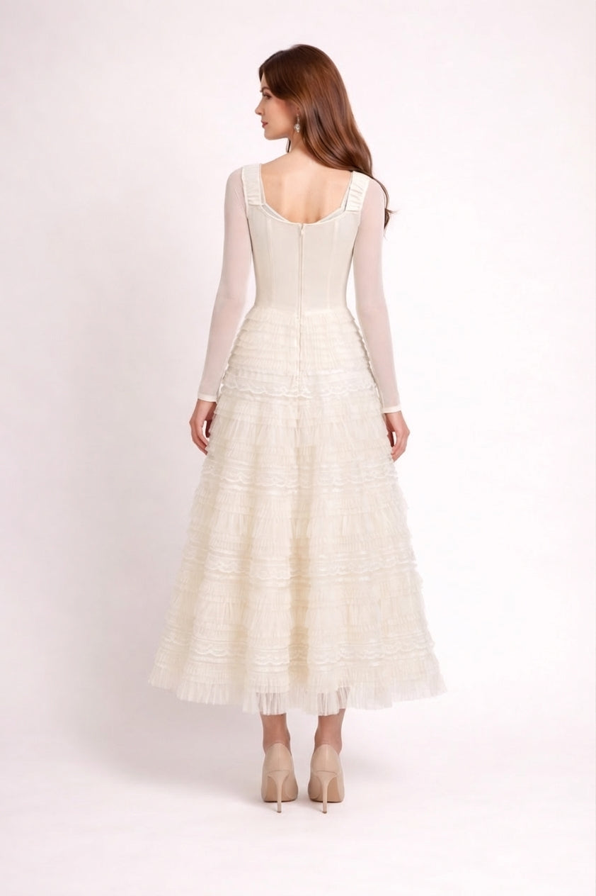 long-sleeve lace and tulle maxi dress with ribbon detail – BELLE