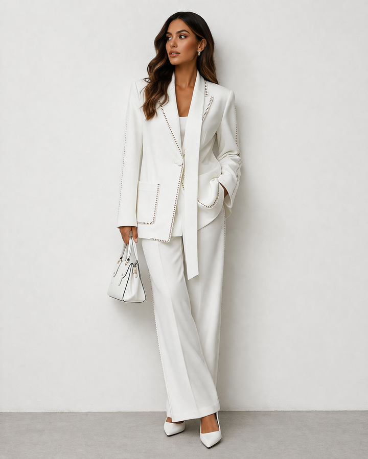 tailored blazer and flared pants set with stud trim detail – MIDNIGHT