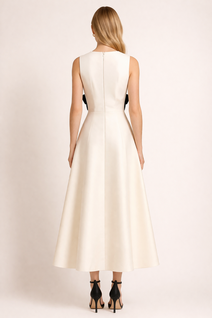 sleeveless midi dress with contrast bow detail – BOW