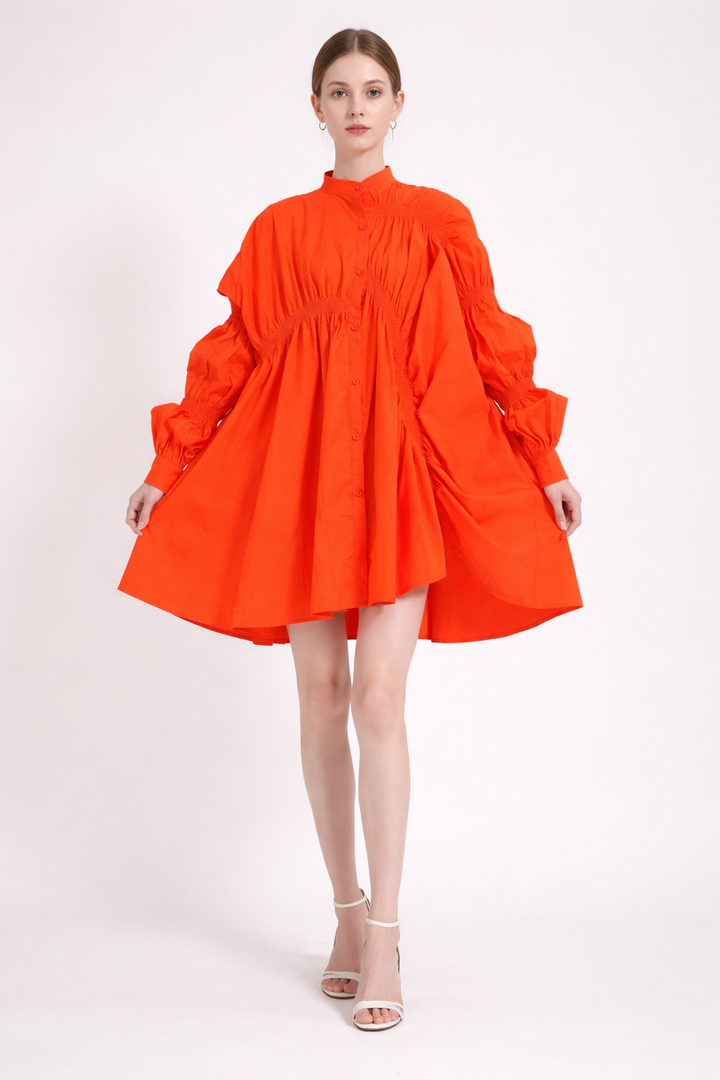 Vibrant Orange Oversized Ruffle Shirt Dress-Tiamo