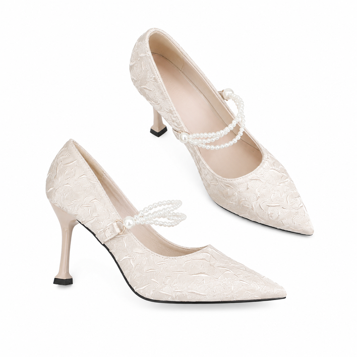 Pearl Strap Lace Stiletto Heels - Elegance