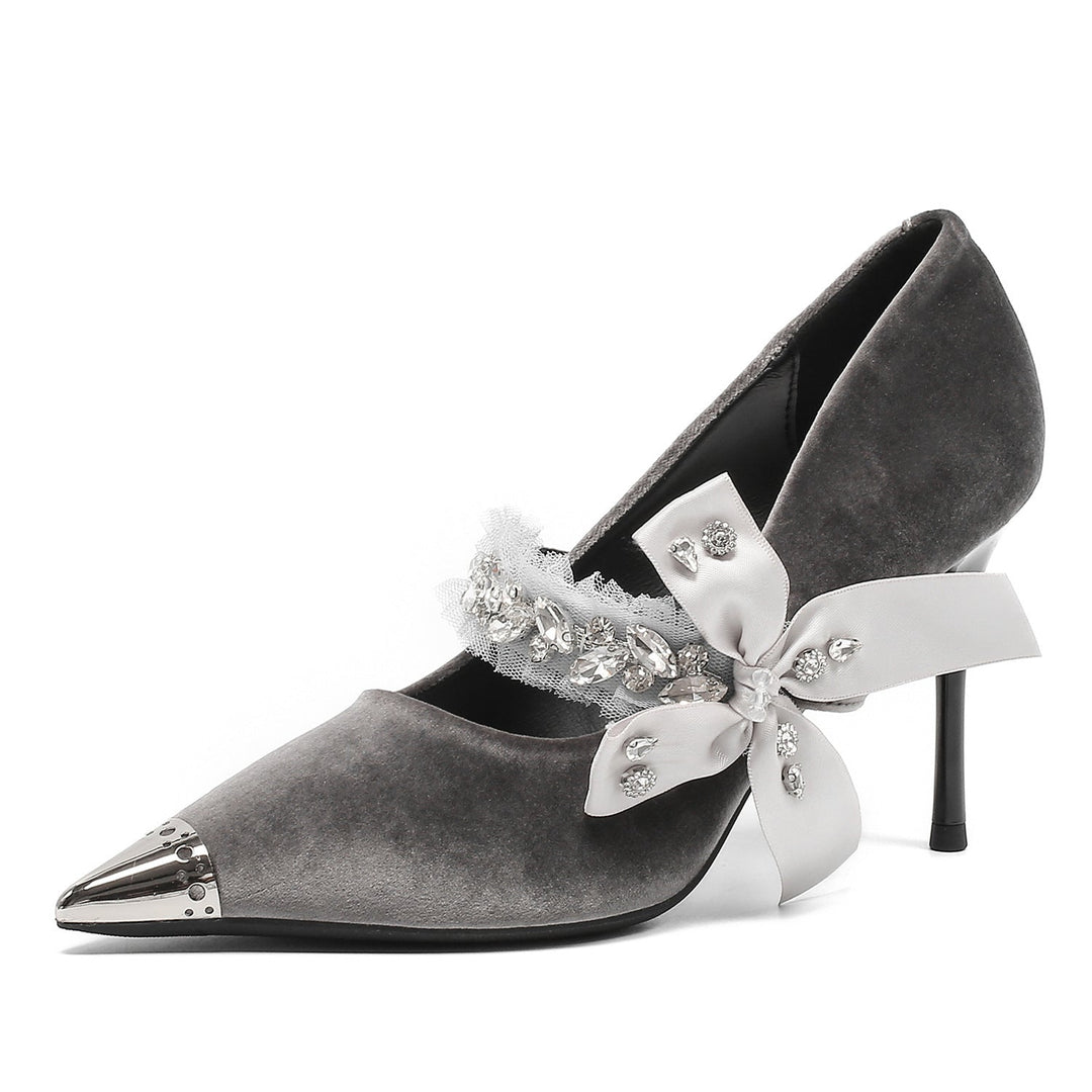pointed toe velvet pumps with ribbon bow and crystal strap – VELORA