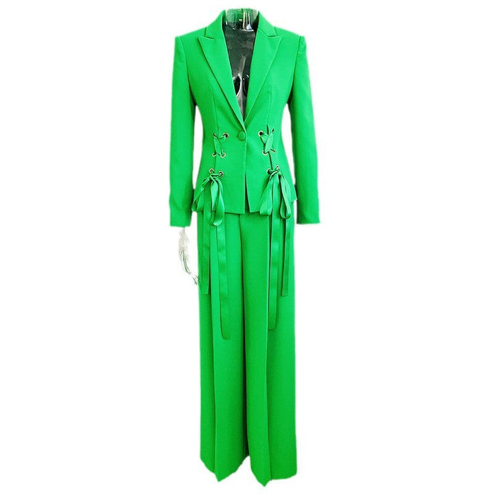 tailored blazer and wide-leg pants set with lace-up waist detail – EMERALD