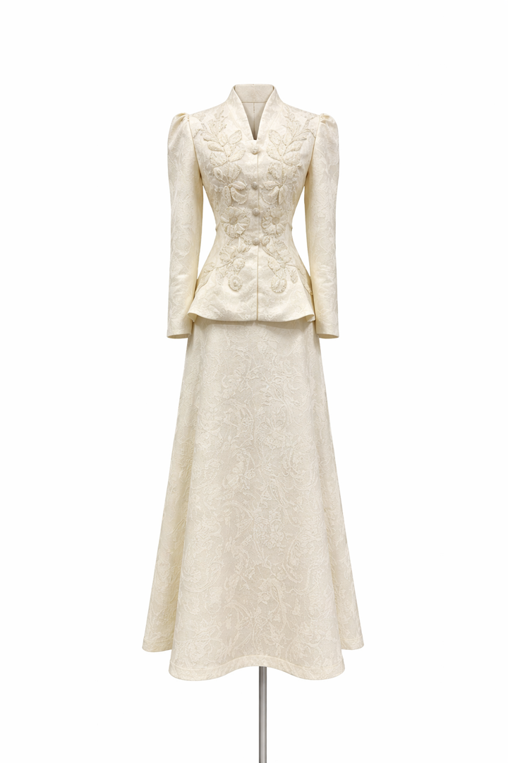 long sleeve embroidered peplum jacket dress set – AURELIA