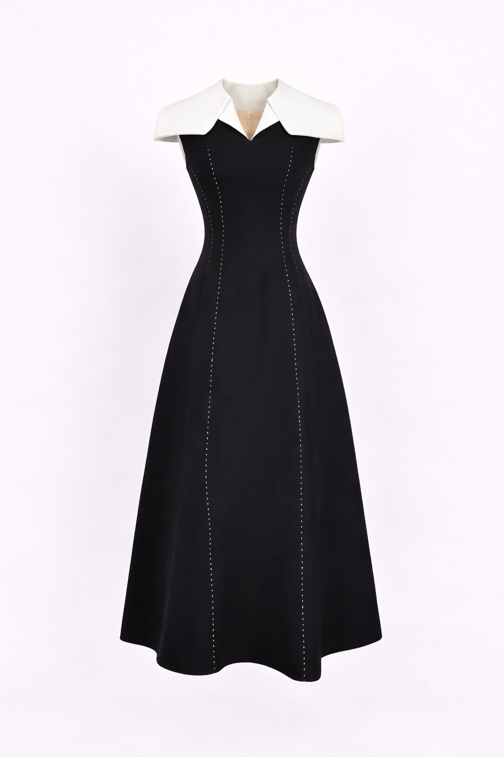 sleeveless midi dress with contrast oversized collar and contour stitching – MONO