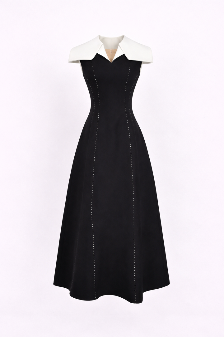sleeveless midi dress with contrast oversized collar and contour stitching – MONO
