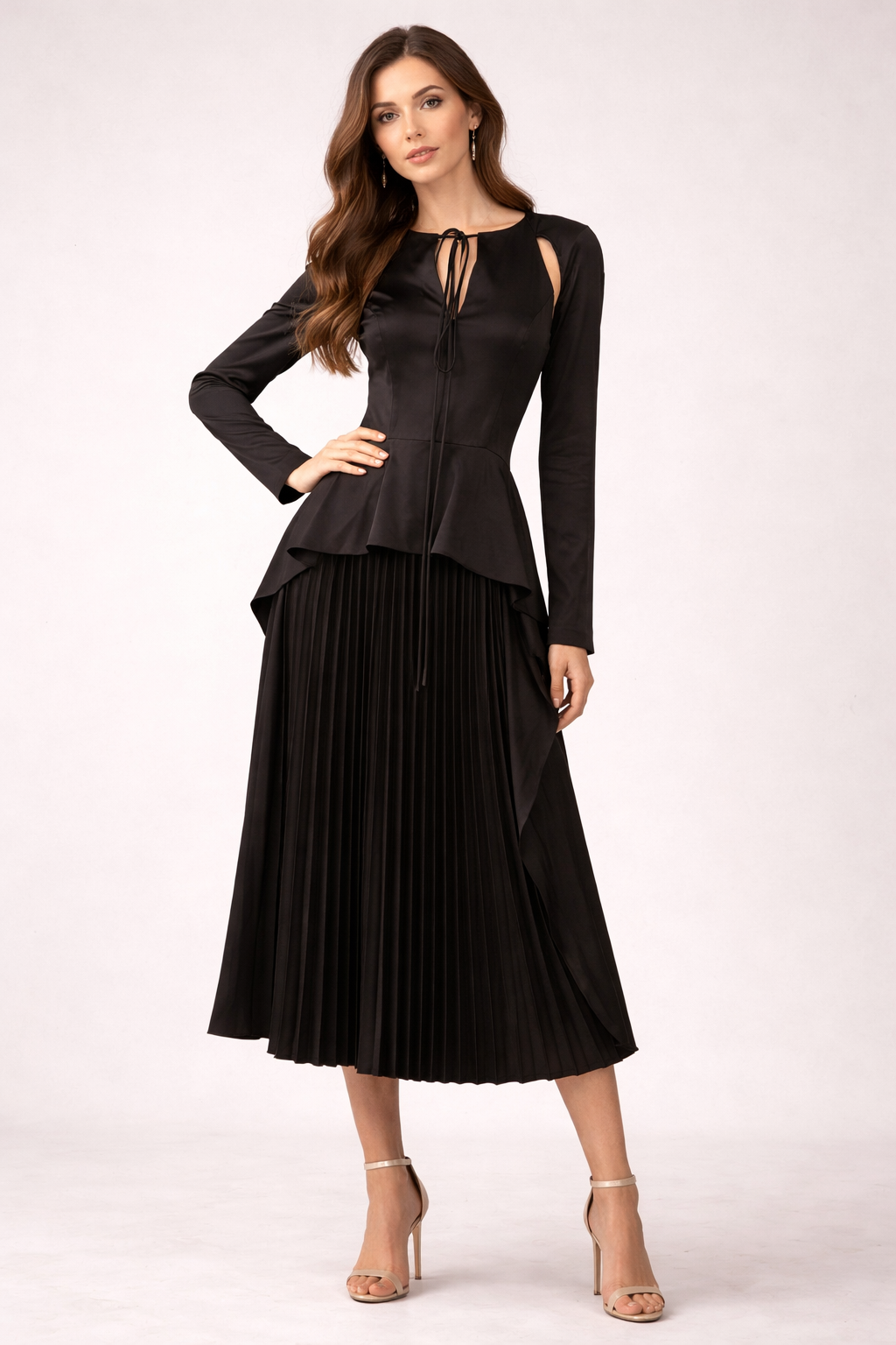 long sleeve satin peplum dress with pleated skirt and draped side panels – CARAMEL
