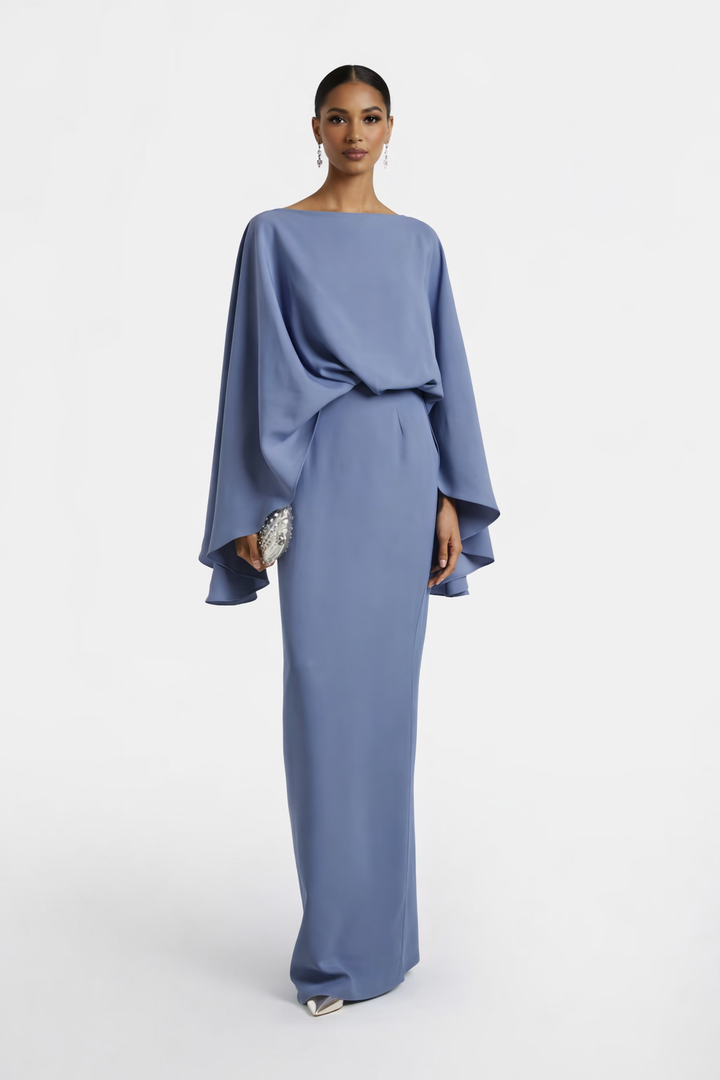 batwing sleeve column gown with draped waist – CELESTIA