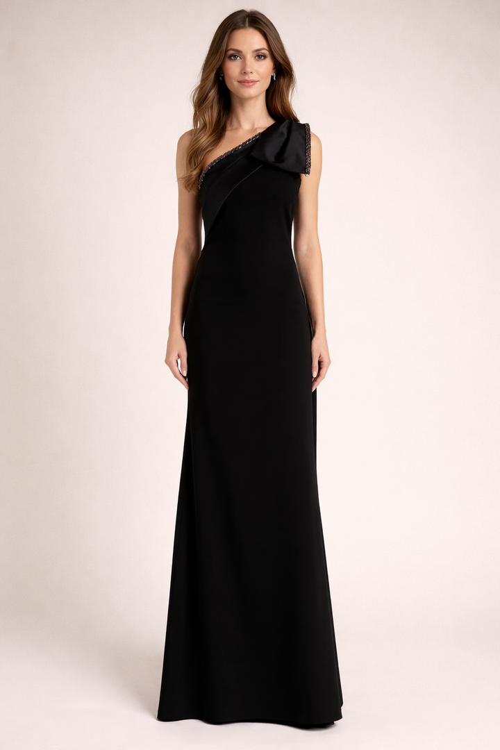 one-shoulder draped column dress with embellished trim – VALERIA