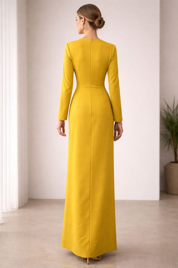 long-sleeve draped column dress with asymmetric waist detail – SOLARA