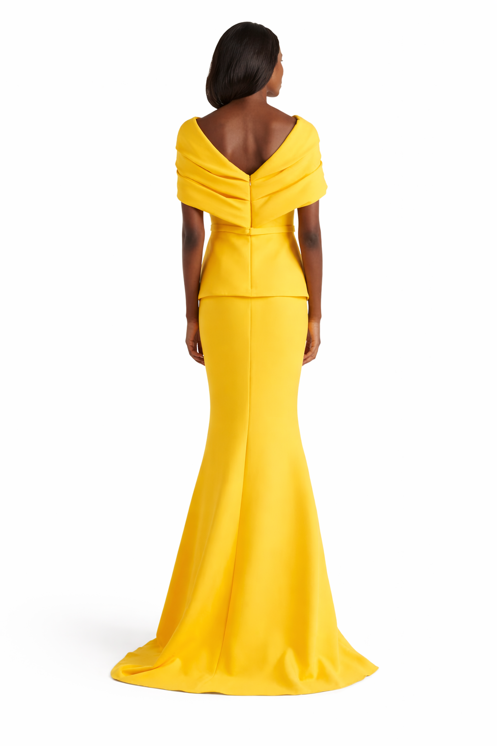 off-shoulder peplum mermaid gown with draped neckline – SOLARA