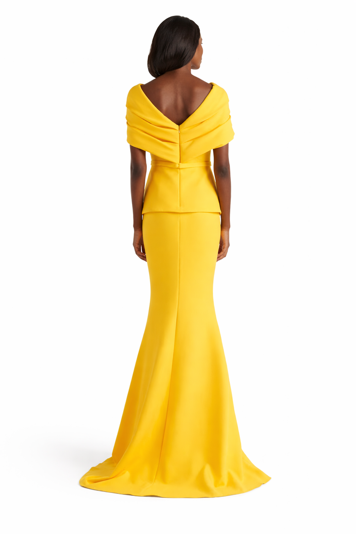 off-shoulder peplum mermaid gown with draped neckline – SOLARA