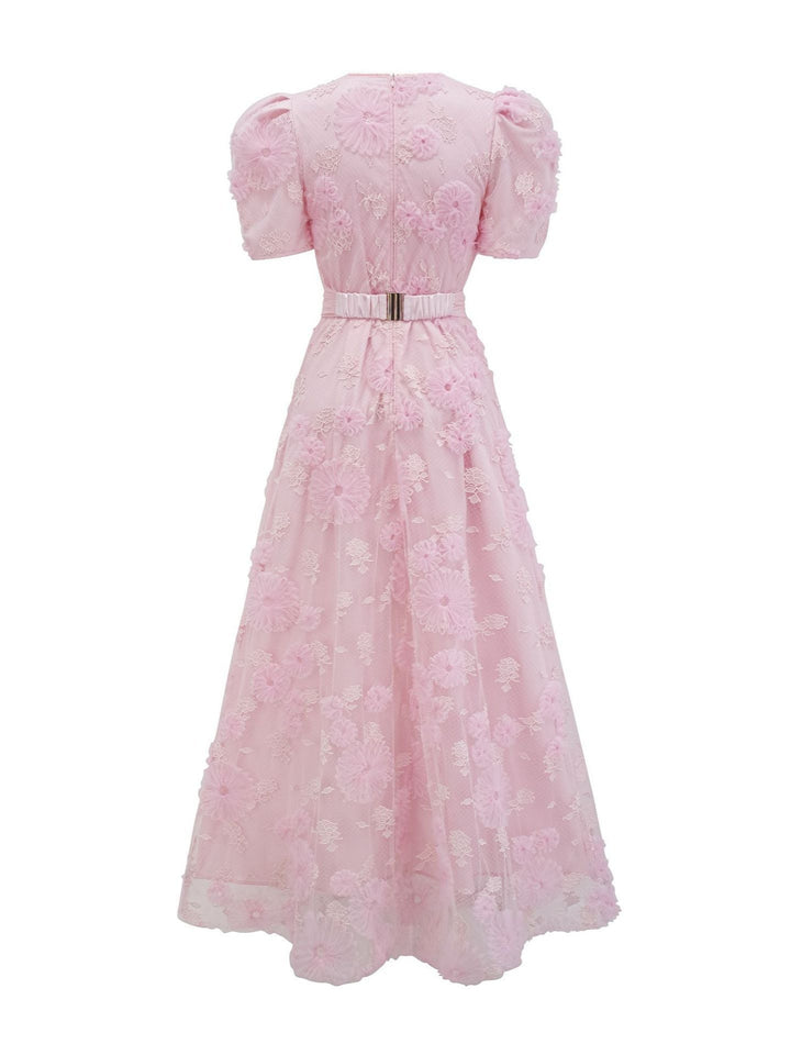 short-sleeve floral embroidered maxi dress with bow waist – ROSÉLLE