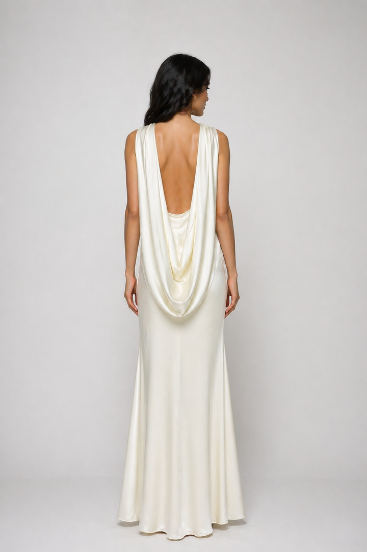 Ivory One-Shoulder Draped Satin Maxi Dress - SERENA